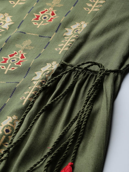 Women's Green Ethnic Motifs Printed V-Neck Viscose Rayon Maxi Dress