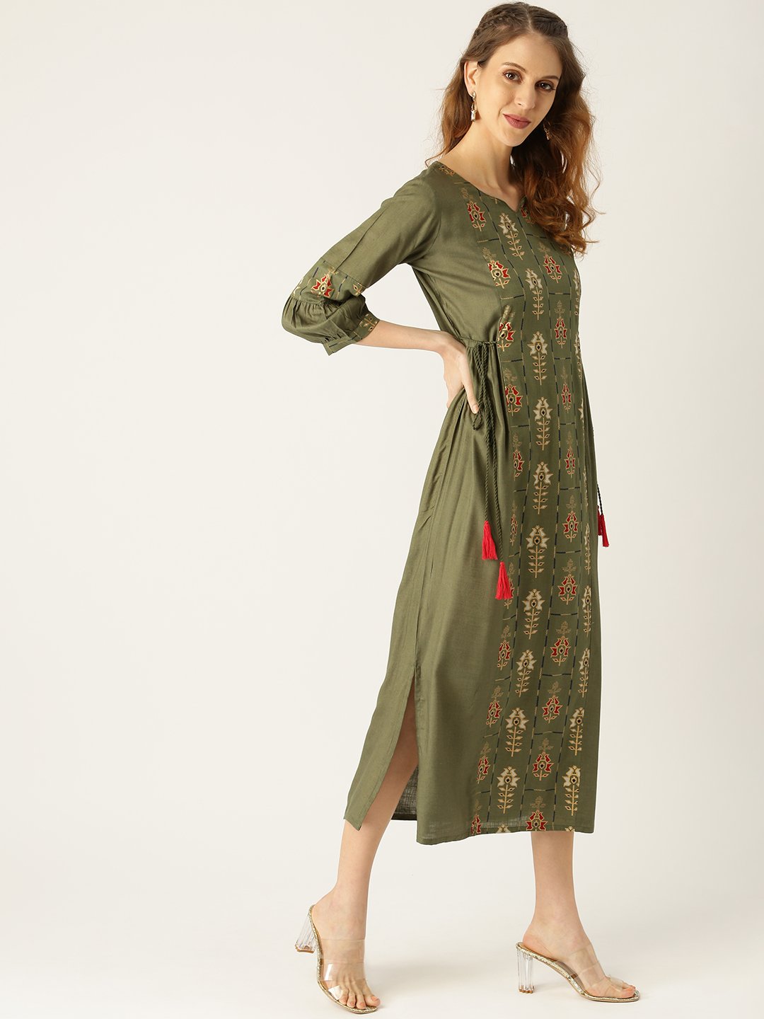 Women's Green Ethnic Motifs Printed V-Neck Viscose Rayon Maxi Dress