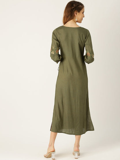 Women's Green Ethnic Motifs Printed V-Neck Viscose Rayon Maxi Dress
