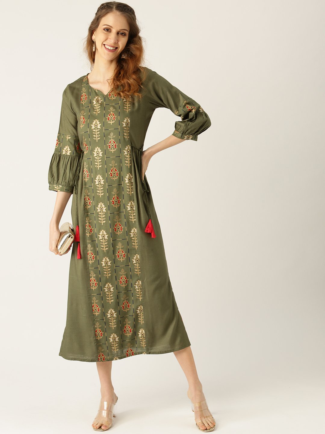 Women's Green Ethnic Motifs Printed V-Neck Viscose Rayon Maxi Dress