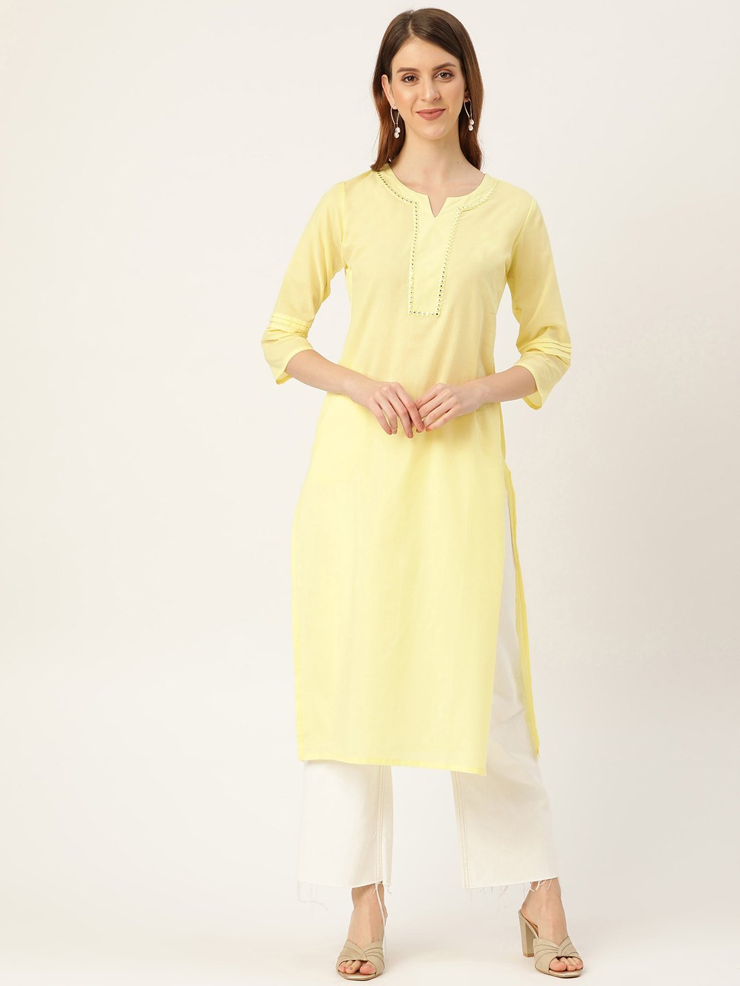 Women's Limeyellow Calf Length Three-Quarter Sleeves Straight Solid Solid Cotton Kurta
