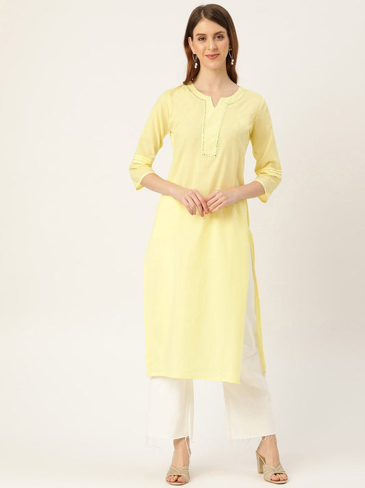 Women's Limeyellow Calf Length Three-Quarter Sleeves Straight Solid Solid Cotton Kurta
