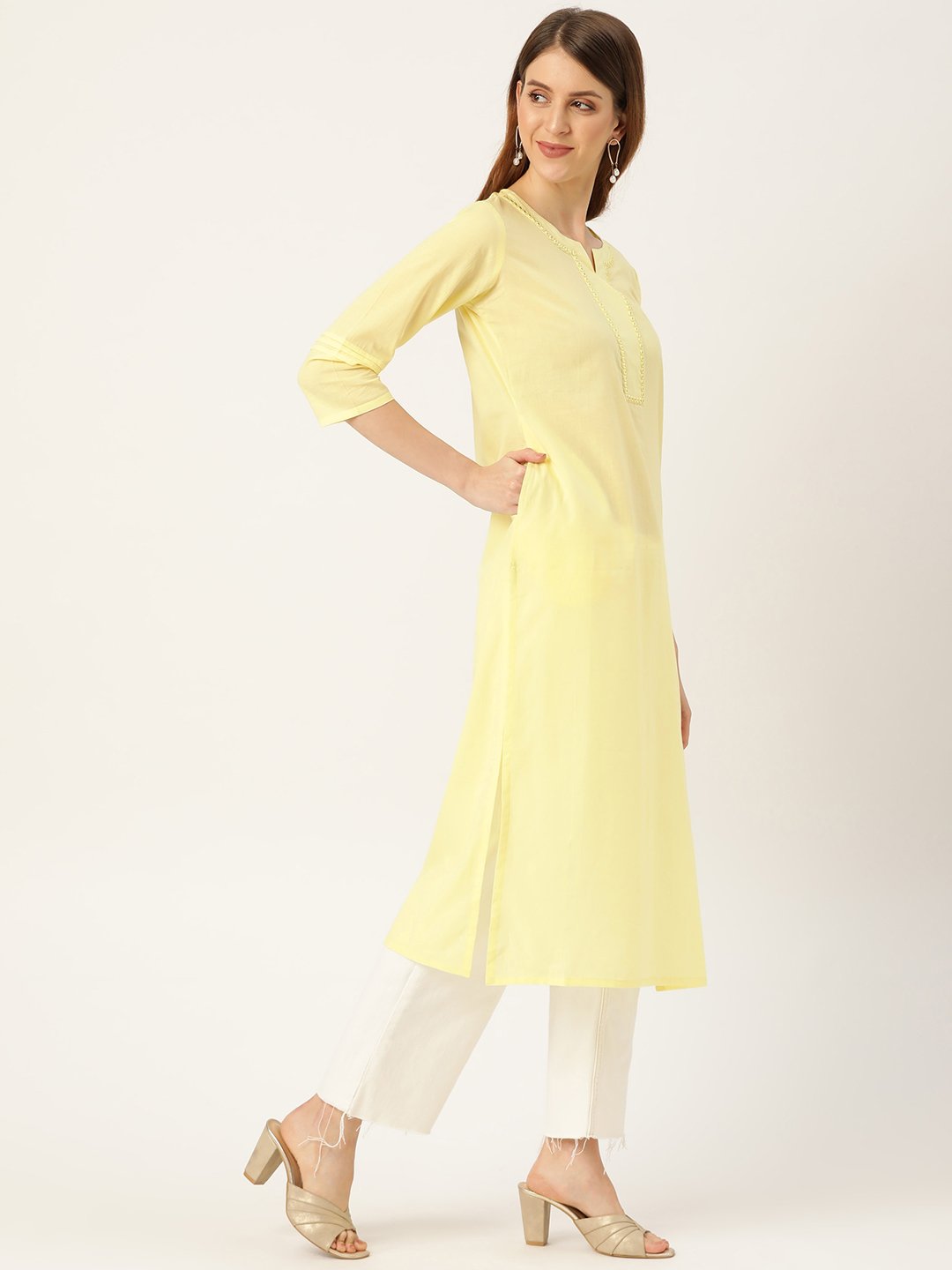 Women's Limeyellow Calf Length Three-Quarter Sleeves Straight Solid Solid Cotton Kurta