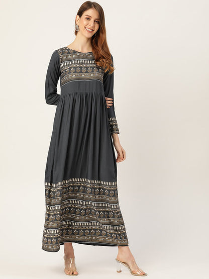 Women's Grey Self Design Self Design Round Neck Viscose Rayon Maxi Dress