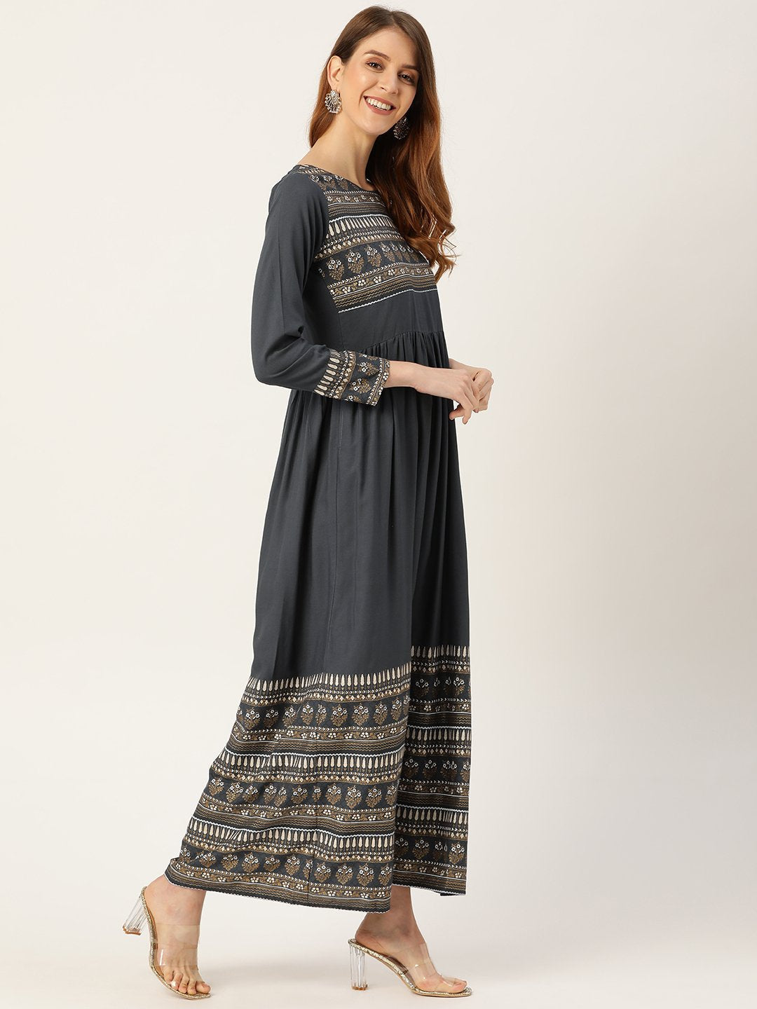 Women's Grey Self Design Self Design Round Neck Viscose Rayon Maxi Dress
