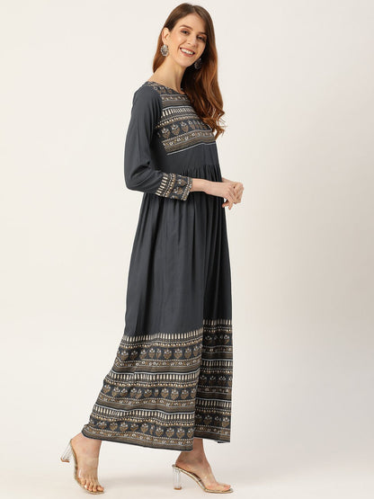 Women's Grey Self Design Self Design Round Neck Viscose Rayon Maxi Dress