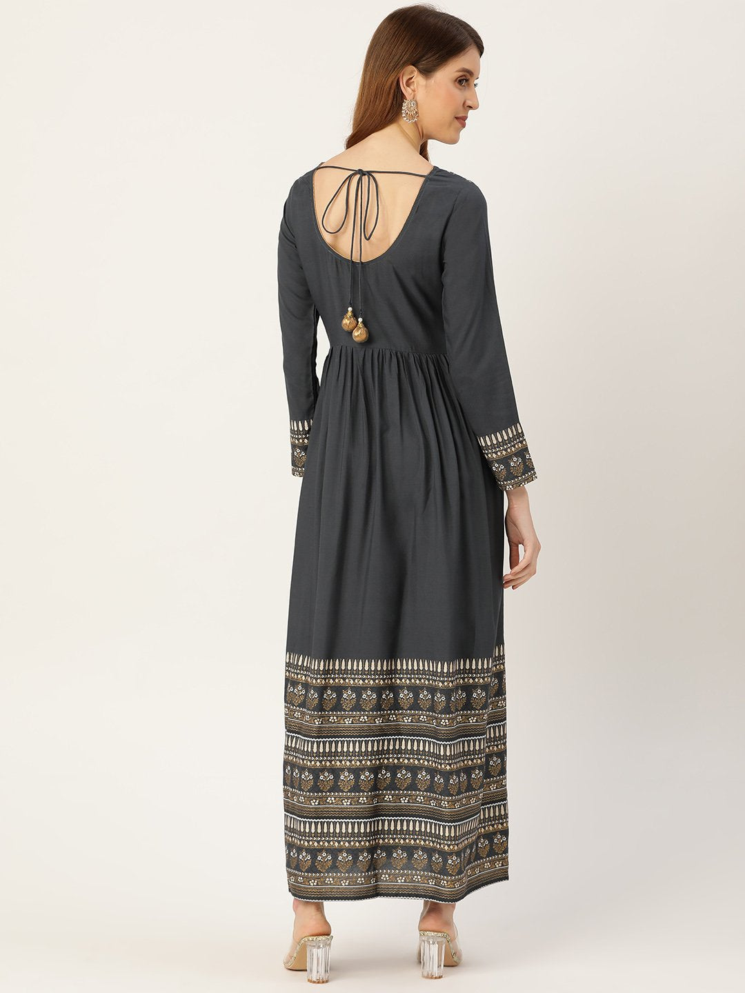 Women's Grey Self Design Self Design Round Neck Viscose Rayon Maxi Dress