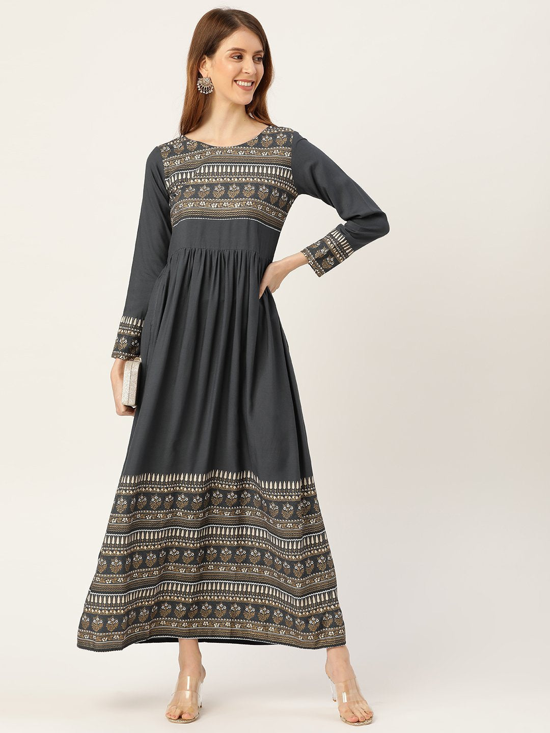 Women's Grey Self Design Self Design Round Neck Viscose Rayon Maxi Dress