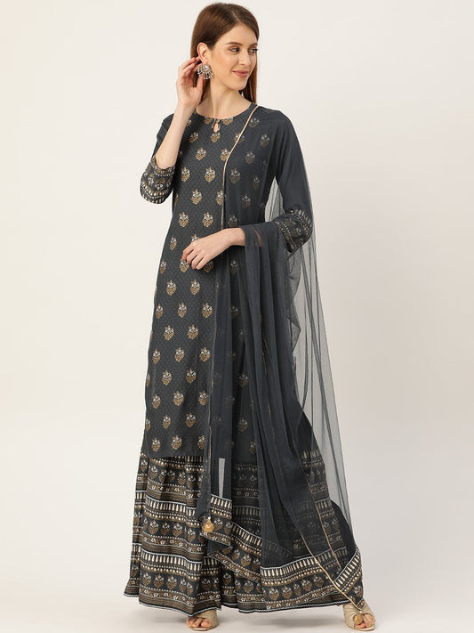 Women's Grey Three-Quarter Sleeves Straight Kurta Sharara And Dupatta Set