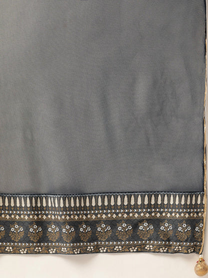 Women's Grey Three-Quarter Sleeves Straight Kurta Sharara And Dupatta Set