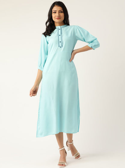 Women's Blue Solid Solid Mandarin Collar Viscose Rayon A-Line Dress