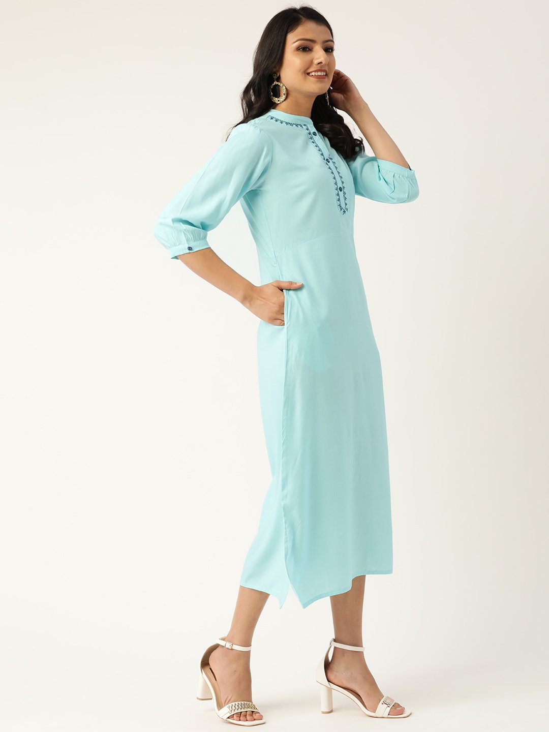 Women's Blue Solid Solid Mandarin Collar Viscose Rayon A-Line Dress