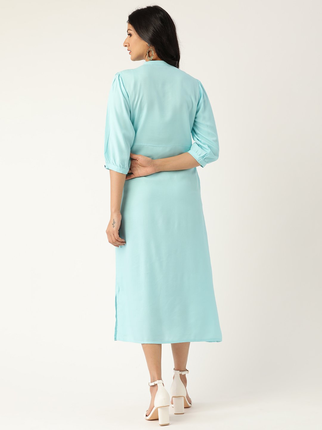 Women's Blue Solid Solid Mandarin Collar Viscose Rayon A-Line Dress