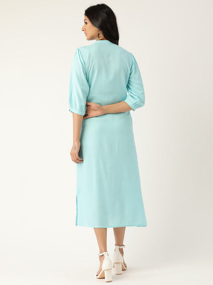 Women's Blue Solid Solid Mandarin Collar Viscose Rayon A-Line Dress