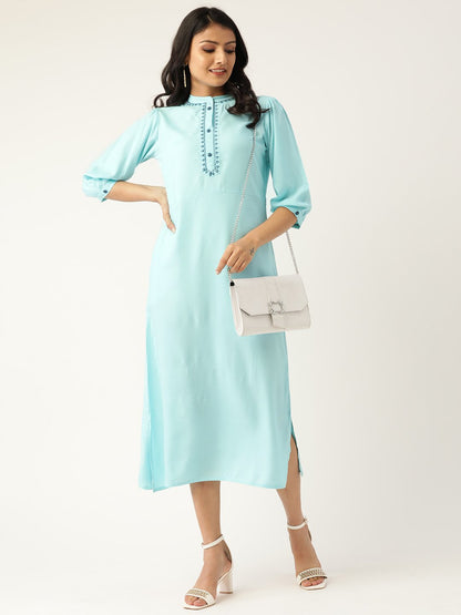 Women's Blue Solid Solid Mandarin Collar Viscose Rayon A-Line Dress