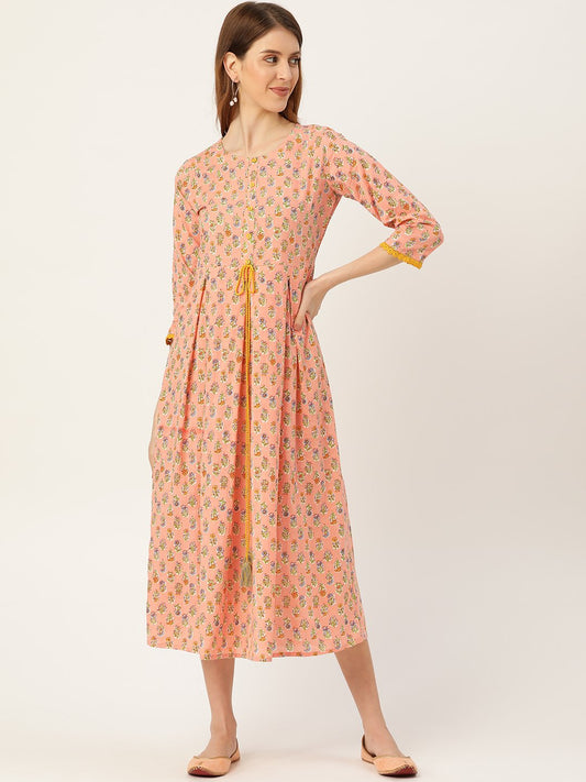 Women's Peach Ethnic Motifs Printed Round Neck Cotton Maxi Dress