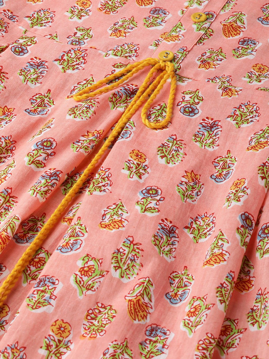 Women's Peach Ethnic Motifs Printed Round Neck Cotton Maxi Dress