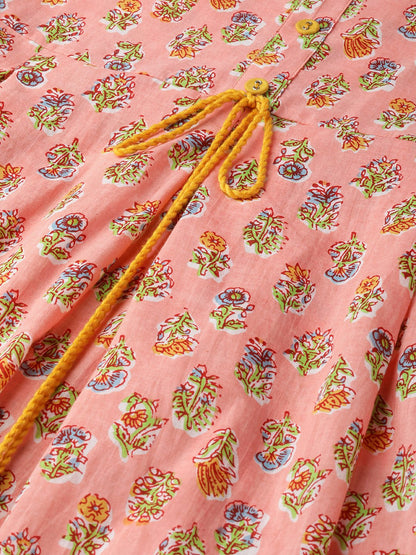 Women's Peach Ethnic Motifs Printed Round Neck Cotton Maxi Dress