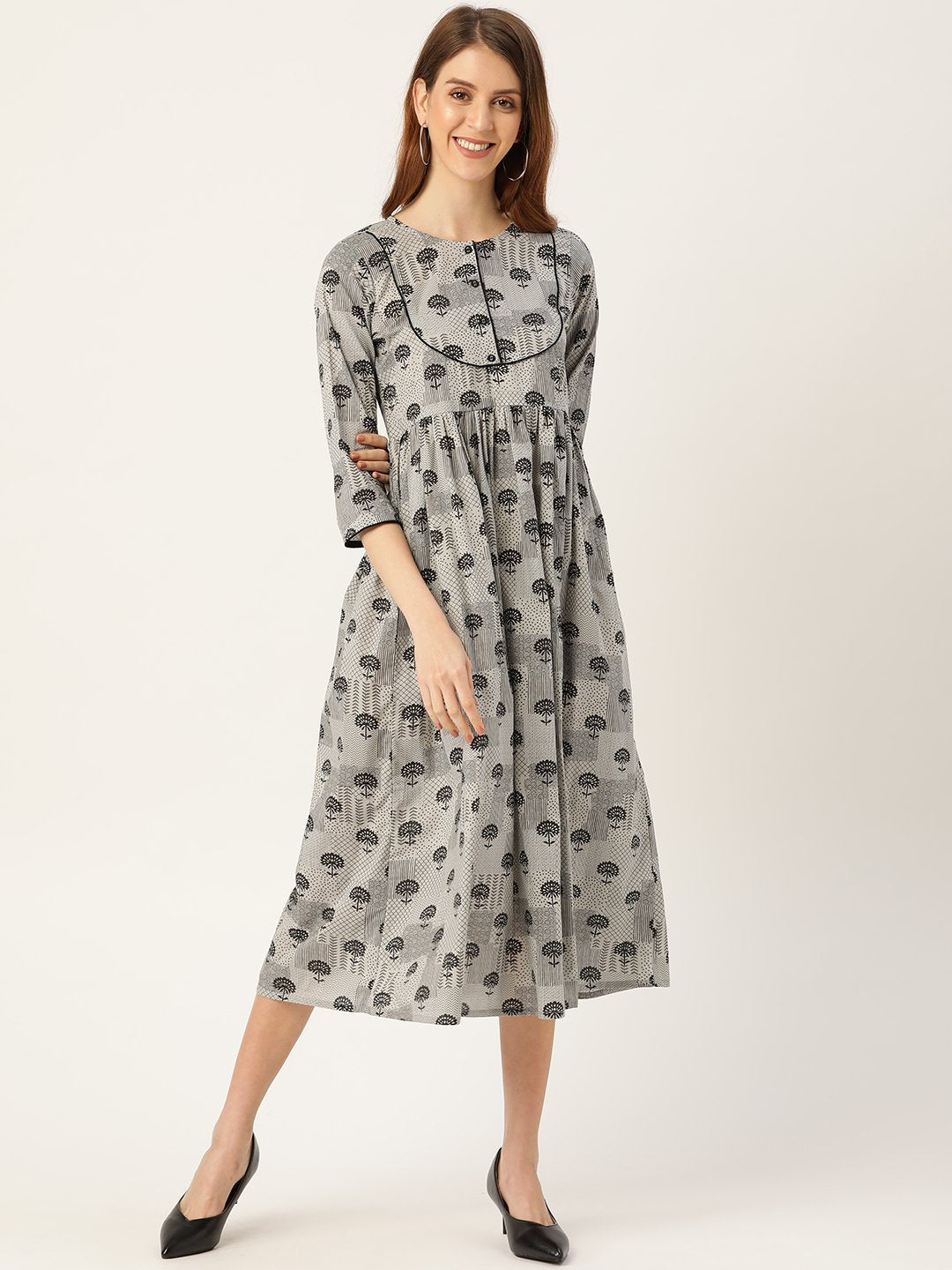 Women's Grey Floral Printed Round Neck Cotton A-Line Dress