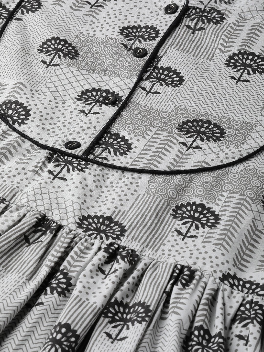 Women's Grey Floral Printed Round Neck Cotton A-Line Dress