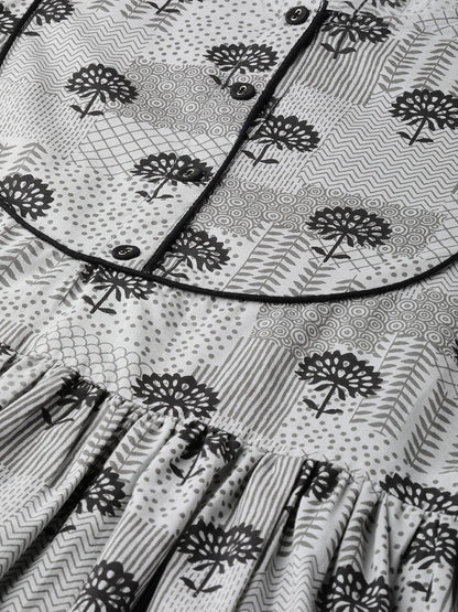 Women's Grey Floral Printed Round Neck Cotton A-Line Dress