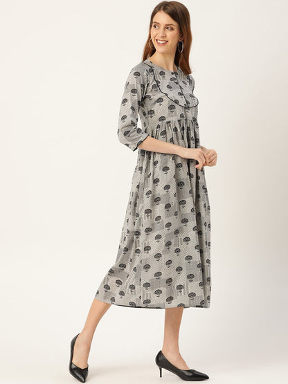 Women's Grey Floral Printed Round Neck Cotton A-Line Dress