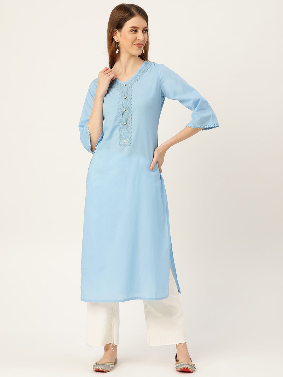 Women's Blue Calf Length Three-Quarter Sleeves Straight Solid Solid Cotton Kurta