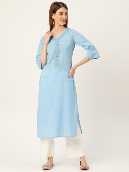 Women's Blue Calf Length Three-Quarter Sleeves Straight Solid Solid Cotton Kurta