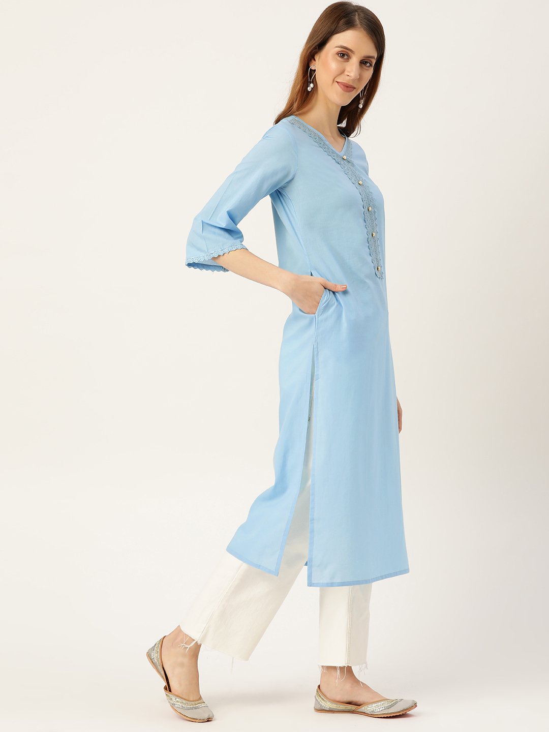 Women's Blue Calf Length Three-Quarter Sleeves Straight Solid Solid Cotton Kurta