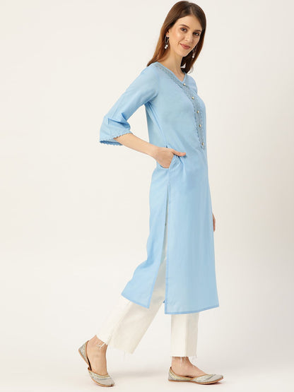 Women's Blue Calf Length Three-Quarter Sleeves Straight Solid Solid Cotton Kurta
