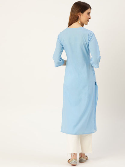 Women's Blue Calf Length Three-Quarter Sleeves Straight Solid Solid Cotton Kurta