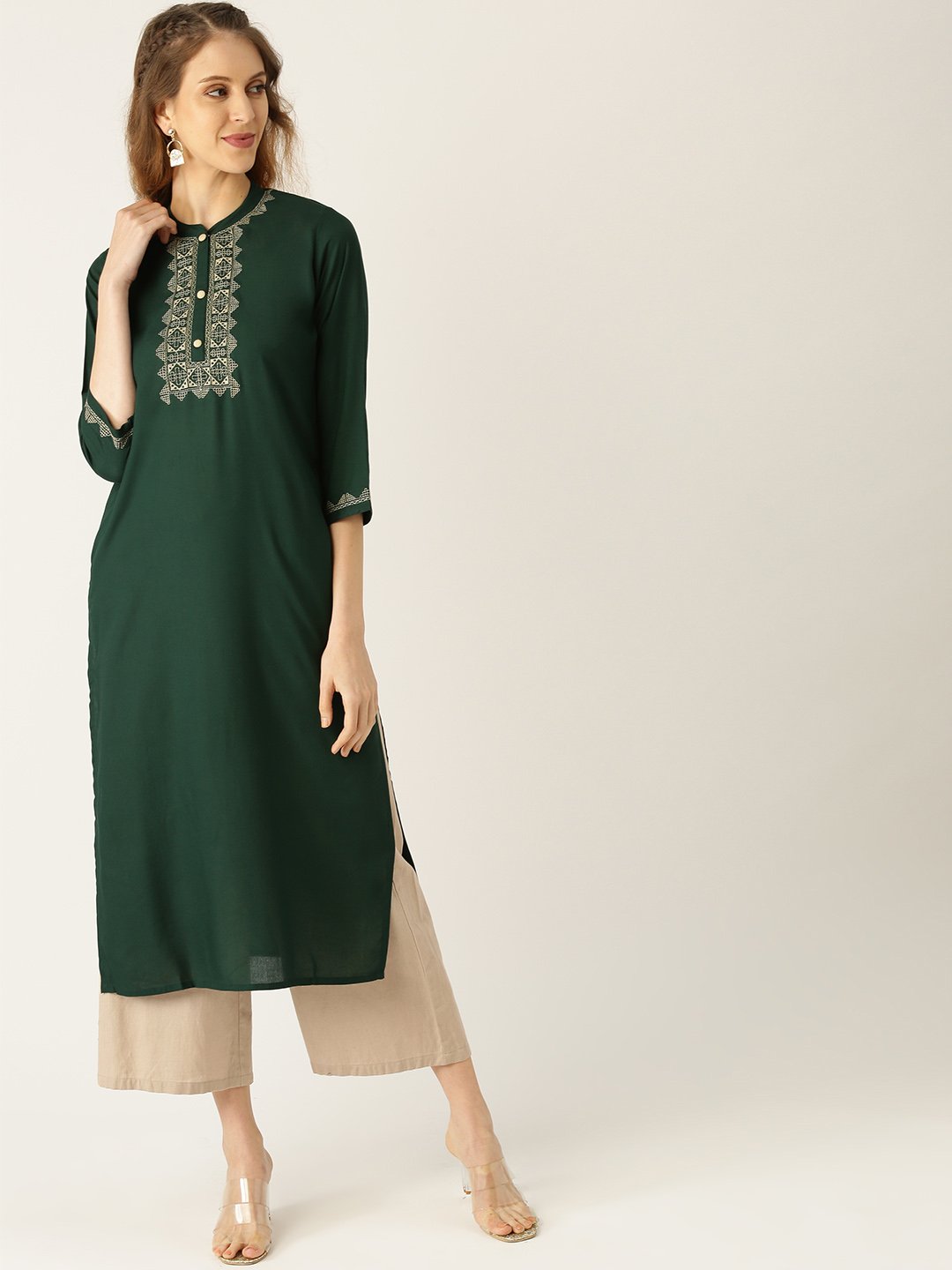 Women's Blue Calf Length Three-Quarter Sleeves Straight Solid Yoke Design Viscose Rayon Kurta