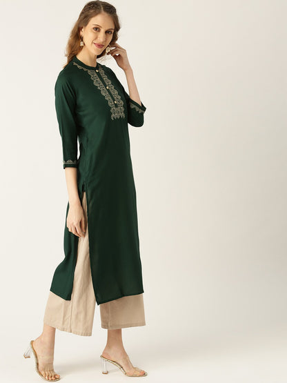 Women's Blue Calf Length Three-Quarter Sleeves Straight Solid Yoke Design Viscose Rayon Kurta