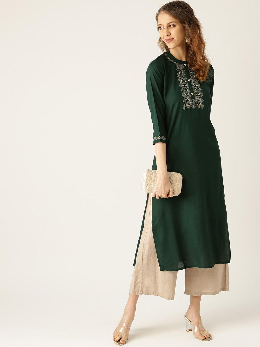 Women's Blue Calf Length Three-Quarter Sleeves Straight Solid Yoke Design Viscose Rayon Kurta