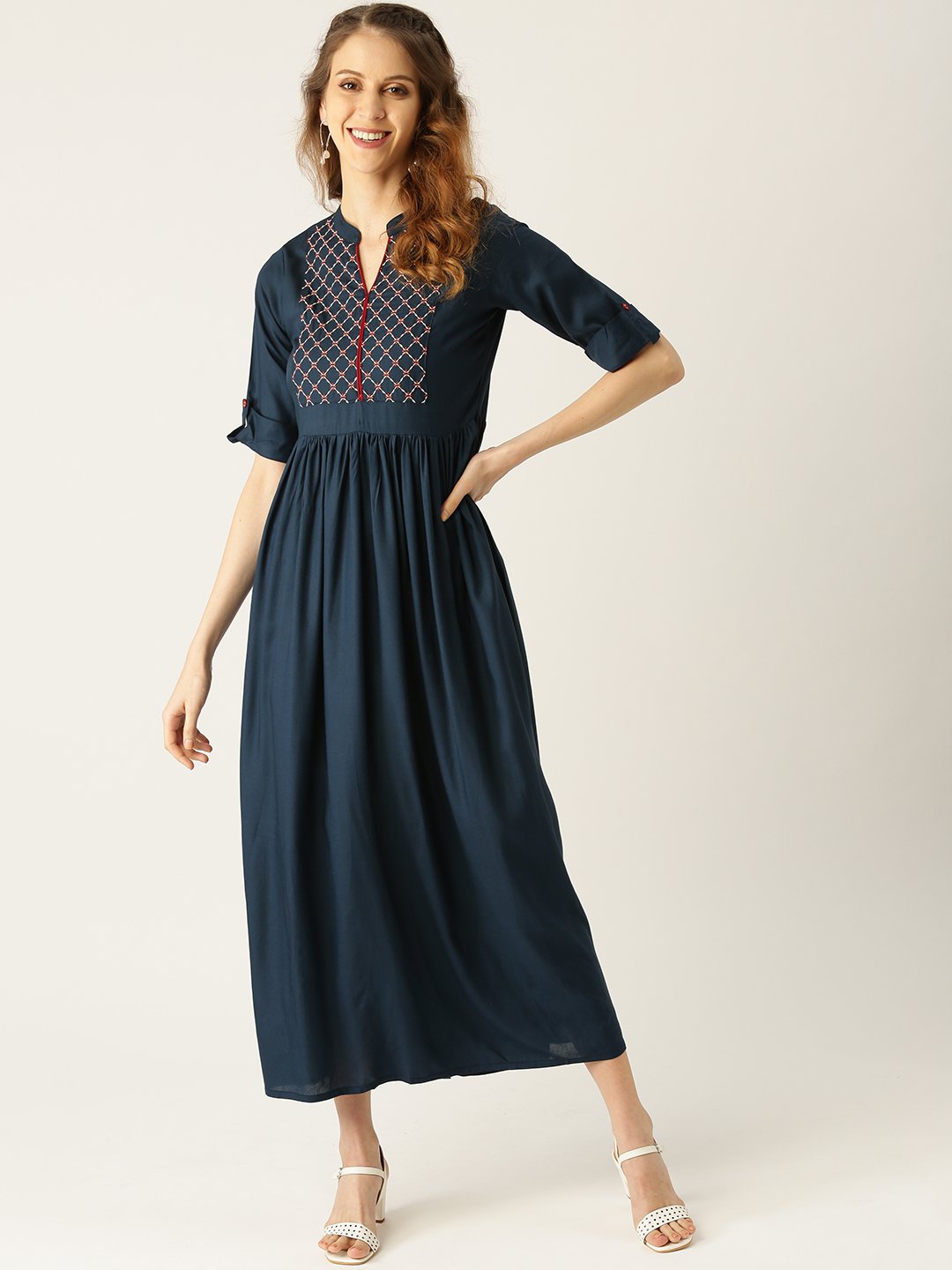Women's Navy Blue Solid Solid Mandarin Collar Viscose Rayon A-Line Dress