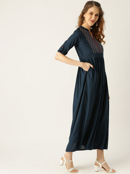 Women's Navy Blue Solid Solid Mandarin Collar Viscose Rayon A-Line Dress