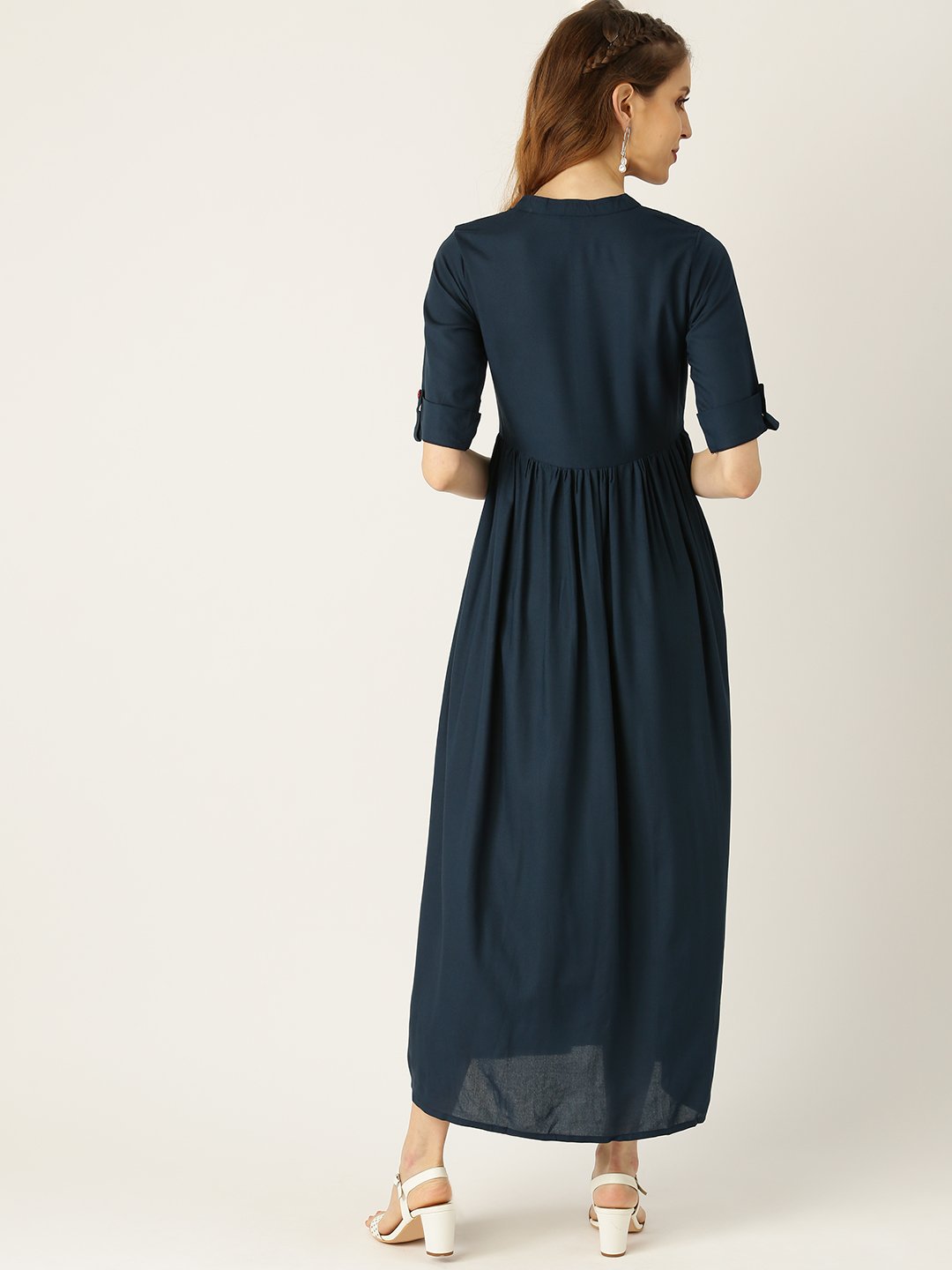 Women's Navy Blue Solid Solid Mandarin Collar Viscose Rayon A-Line Dress
