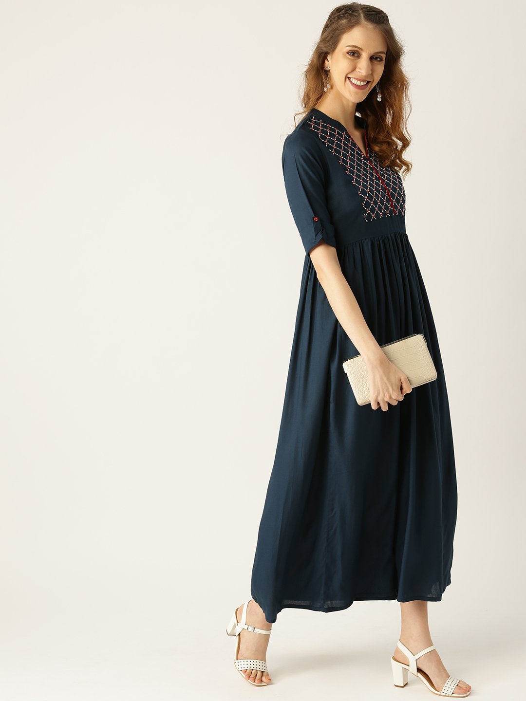 Women's Navy Blue Solid Solid Mandarin Collar Viscose Rayon A-Line Dress