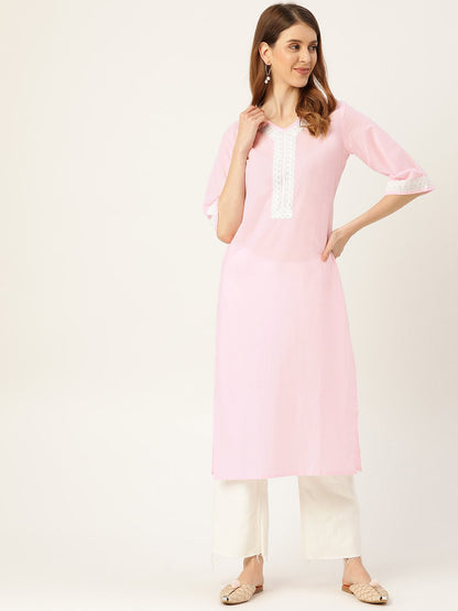 Women's Pink Calf Length Three-Quarter Sleeves Straight Solid Solid Cotton Kurta