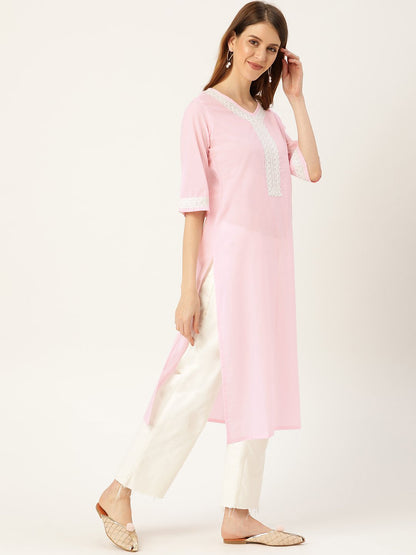 Women's Pink Calf Length Three-Quarter Sleeves Straight Solid Solid Cotton Kurta