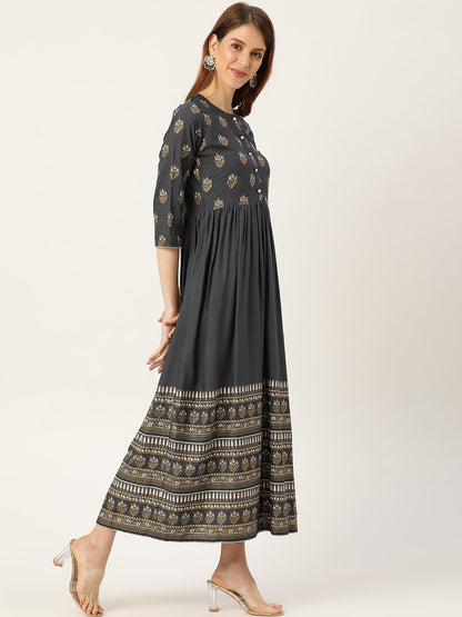 Women's Grey Self Design Self Design Round Neck Viscose Rayon Maxi Dress
