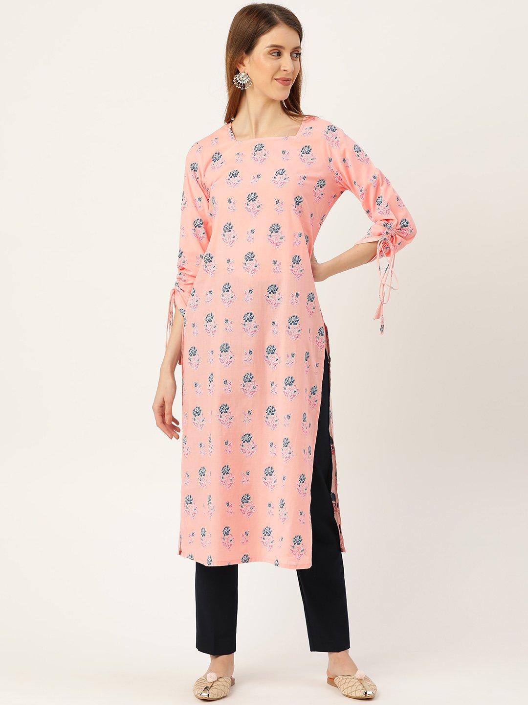 Women's Pink Calf Length Long Sleeves Straight Floral Printed Cotton Kurta