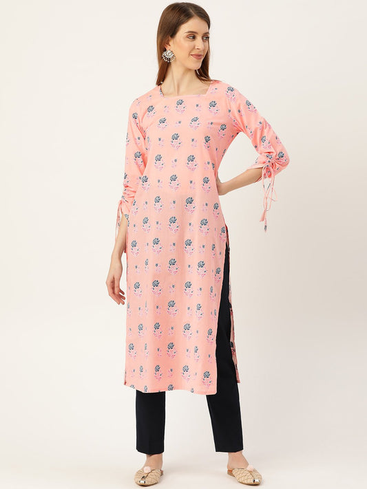 Women's Pink Calf Length Long Sleeves Straight Floral Printed Cotton Kurta