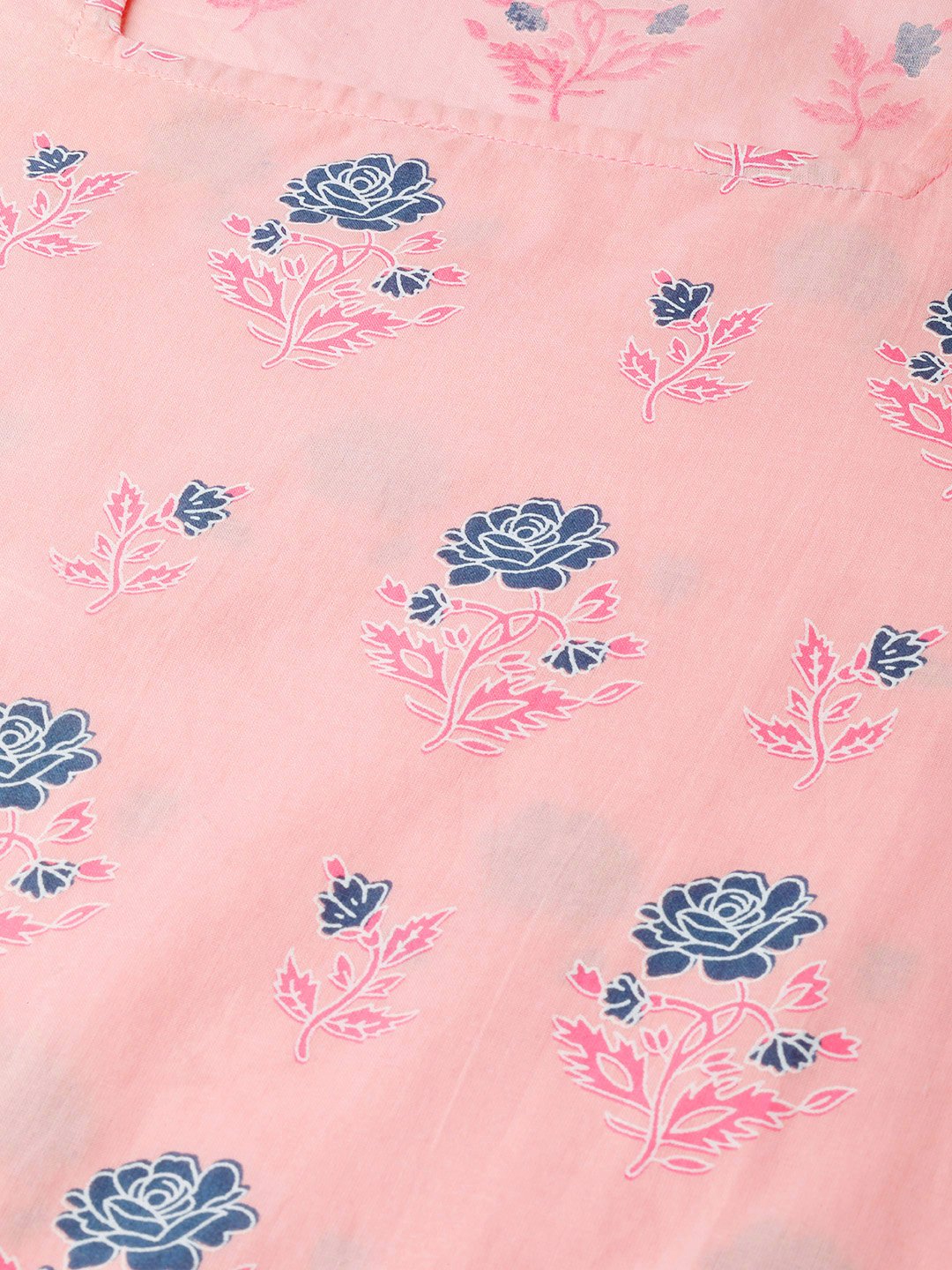 Women's Pink Calf Length Long Sleeves Straight Floral Printed Cotton Kurta
