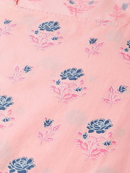 Women's Pink Calf Length Long Sleeves Straight Floral Printed Cotton Kurta