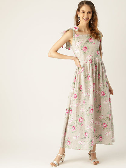Women's Grey Floral Printed Halter Neck Cotton Fit And Flare Dress