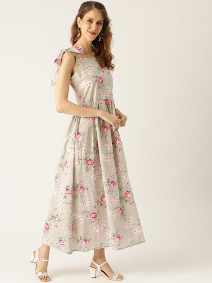 Women's Grey Floral Printed Halter Neck Cotton Fit And Flare Dress