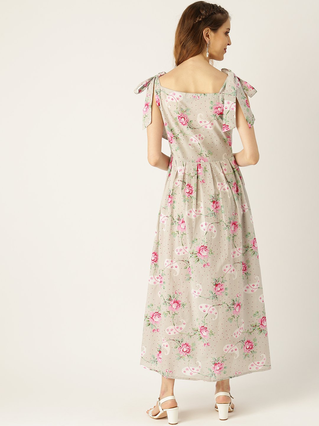 Women's Grey Floral Printed Halter Neck Cotton Fit And Flare Dress