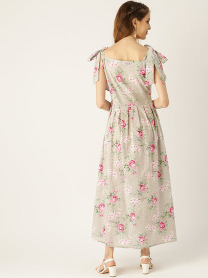 Women's Grey Floral Printed Halter Neck Cotton Fit And Flare Dress