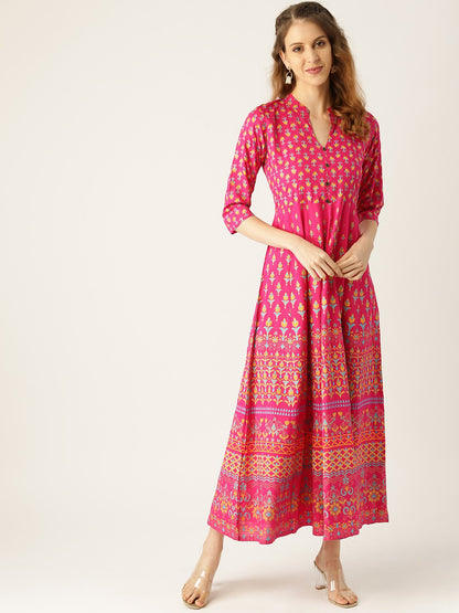Women's Pink Floral Printed Mandarin Collar Viscose Rayon Fit And Flare Dress